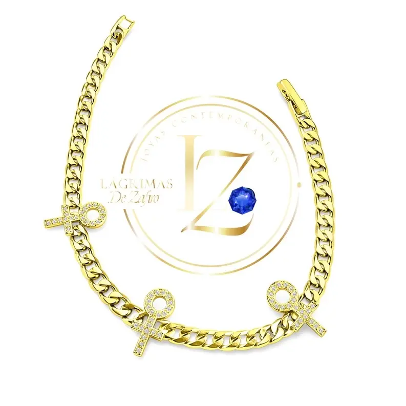 Miami Cuban link chain bracelet with ankh cross pendants featuring clear zircon 7.5 inch Miami Cuban link chain bracelet with ankh cross pendants featuring clear zircon 7.5 inch