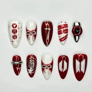 Kpop Cupid Voyage Press On Nails, 7 Spirit Arirang Love Muse, With Red White Silver Retro Pop , Coquette Almond Nails, Fanmade Press Ons