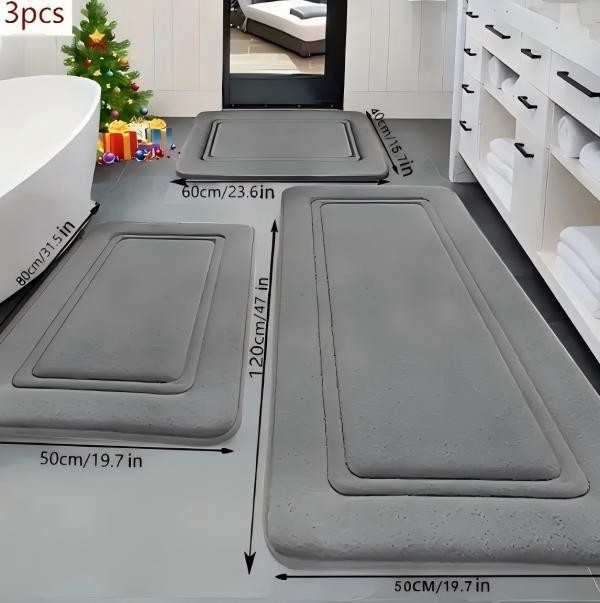 3 Piece Grey Memory Foam Bathroom Rug Set, Ultra Soft Coral Velvet Bath Mats, Non Slip Absorbent Washable Floor Mats for Tub Shower,Toilet