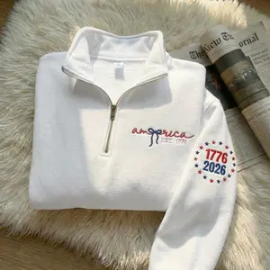 Embroidered USA Flag Quarter Zip Sweatshirt, Patriotic Preppy Pullover