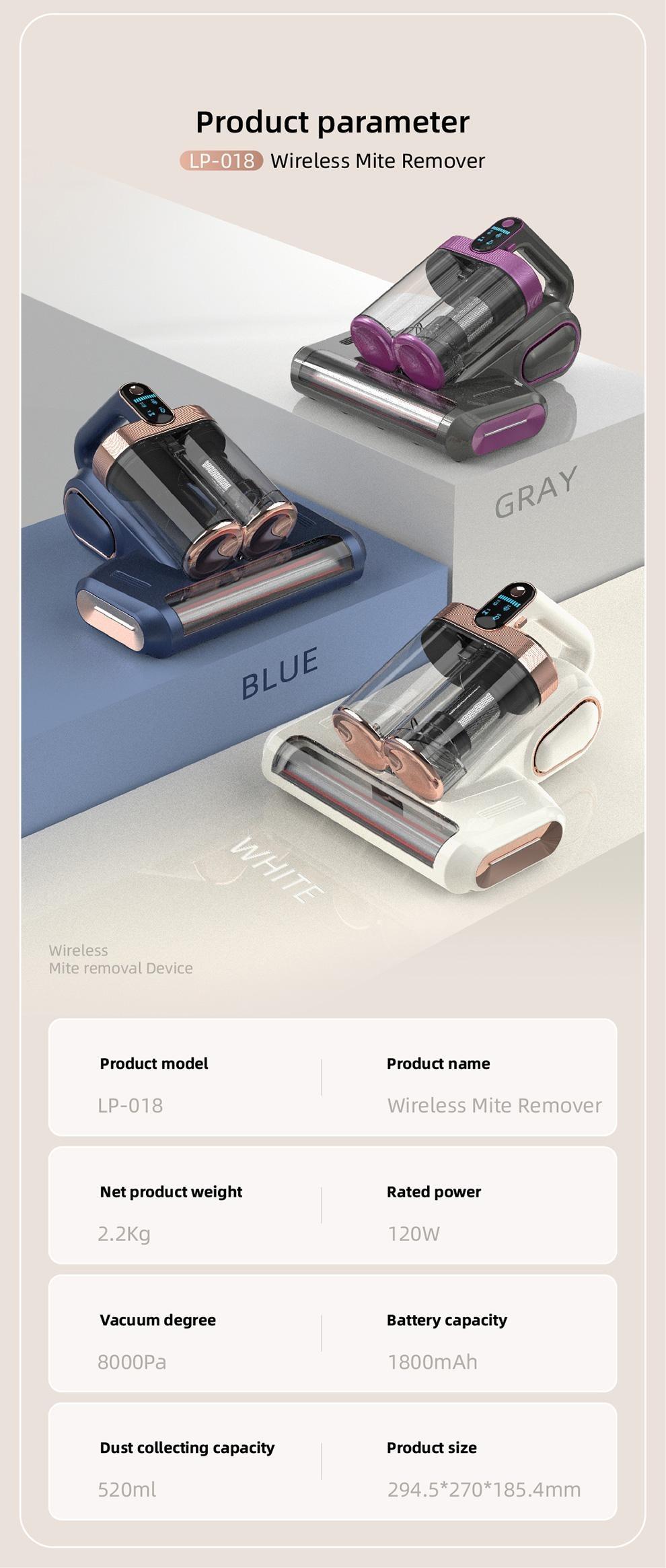 Mattress Vacuum Cleaner with UV-C Lamp & LED Display 13kPa Suction Brushless Motor HEPA Filter for Beds Sofas