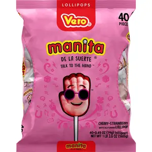 Vero Manita 40 ct Bag, Strawberry & Cherry Flavored Lollipop Mexican Candy Dulces Mexicanos Candies Sweet Snack Bonbon Sugar
