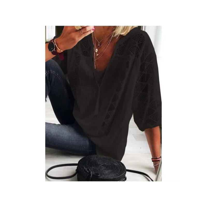 [Cotton Tunic Top] Cotton Plus Size Women's 3/4 Sleeve Top | Light Gray V-Neck Casual Loose Fit Shirt with Geometric Eyelet Detailing, High-Quality Autumn Tee for Layering or Standalone Asymmetrical De Fabric Polyester Blouse Womenswear Chic Elegant White