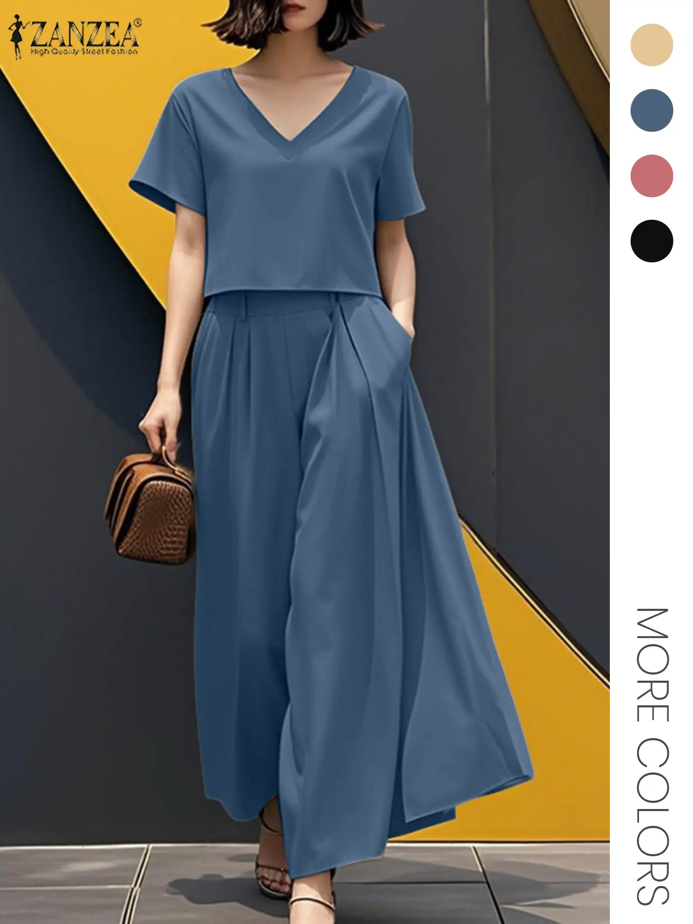 Women's Casual Chic Solid Color Set, V Neck Short Sleeve Hoodie Top + High Waist Wide Leg Pants with Pockets, Two-Piece for Daily Commuting Womenswear