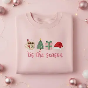 Embroidered Christmas Sweatshirt, 'Tis The Season Sweater, Cute Holiday Crewneck, Hot Cocoa Tree Gift Santa Hat Embroidery Shirt Cotton Fabric