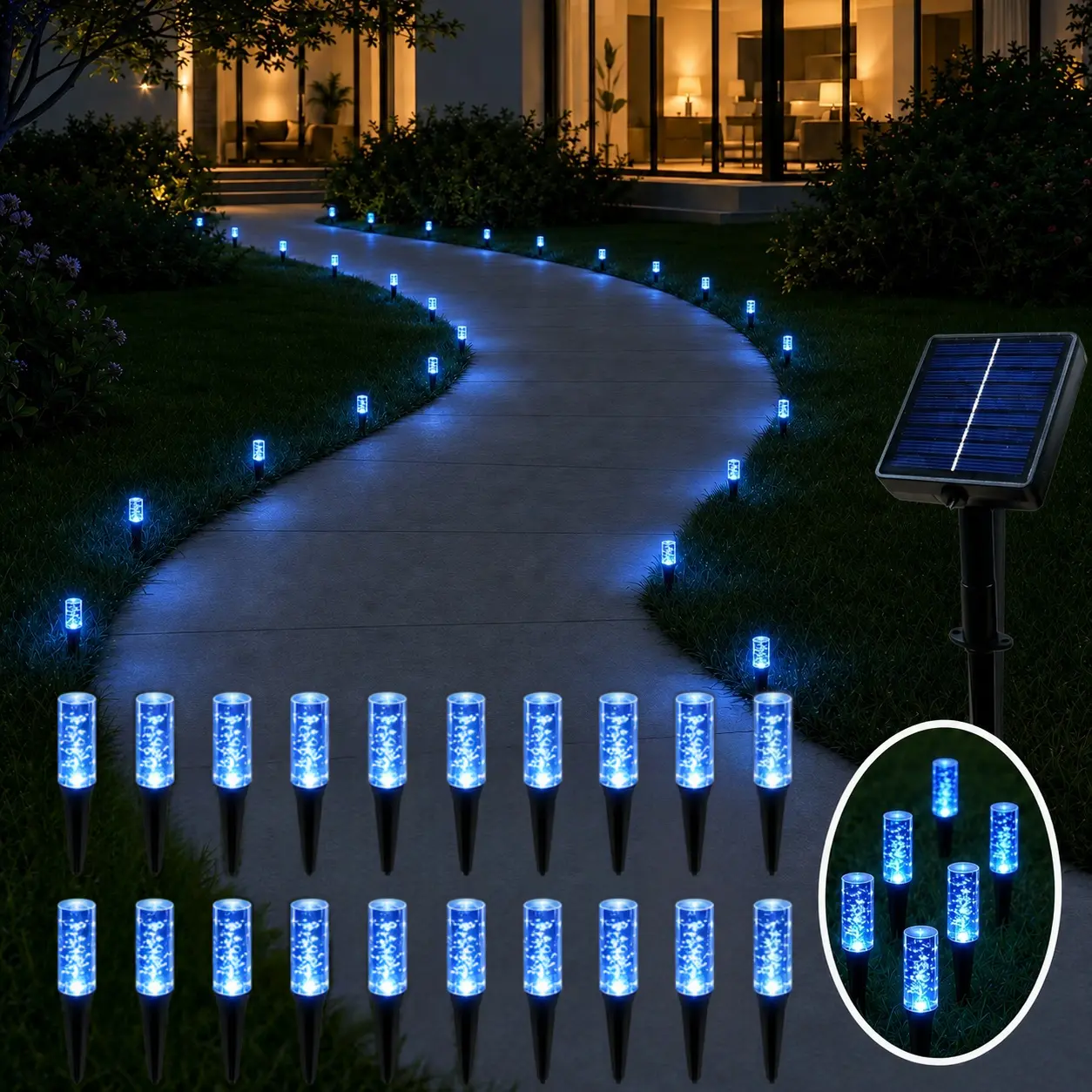 20-piece solar garden decorative string lights set, solar blue ice cube lights, outdoor solar lawn lights with crystal bubble design, 8 lighting modes, suitable for courtyards, pathways, patios, camping, parties, weddings, walkways, and holiday decoration