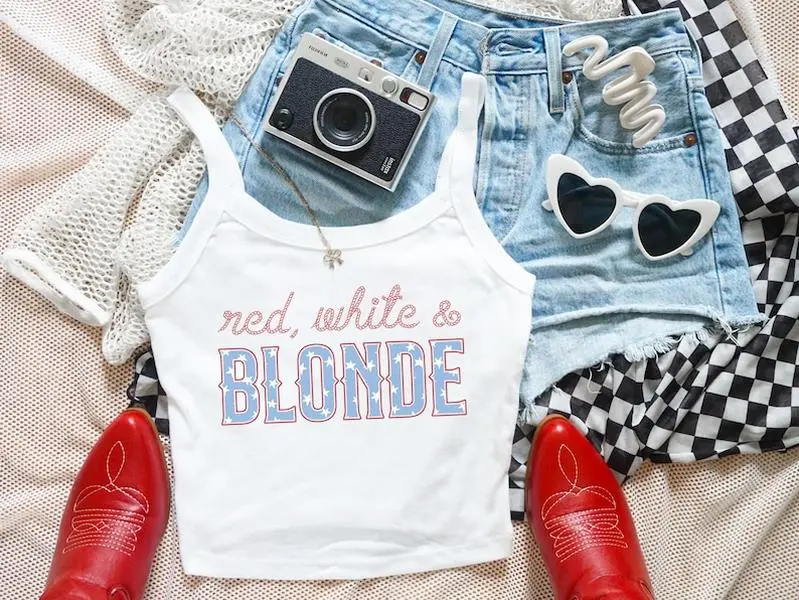 Red White And Blonde Strap Tank Top, Patriotic Blonde Graphic Shirt, Americana Summer Top