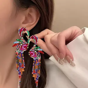Valentine's Day giftColorful Rhinestone Flamingo Drop Earrings, Long Tassel Dangle Earrings, Cute And Blingbling Style, Statement Fashion Jewelry For WomenSpecial offer