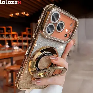 Rhinestone iPhone 17 Pro Max mobile phone case ip16/15 luxury glitter lens film magnetic bracket anti-fall soft shell