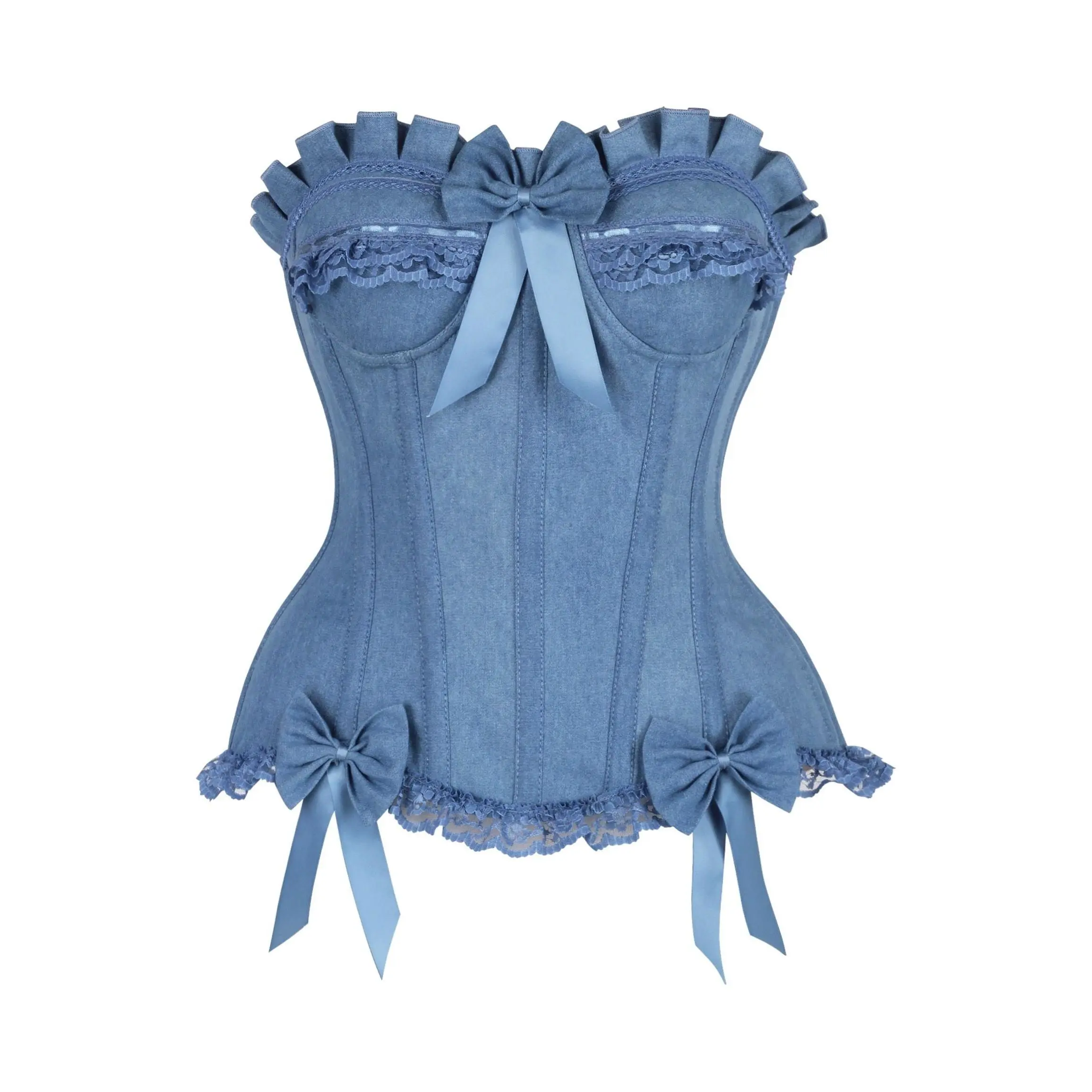 LIMITED EDITION Top Drawer Blue Denim Underwire Steel Boned Burlesque Corset w/Bows