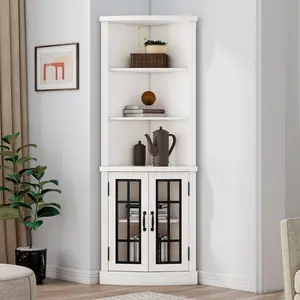VanAcc Curved Corner Storage Cabinet, 65" Tall Freestanding Bookcase with Glass Doors & Adjustable Shelves, 5-Tier Corner Display Cabinet