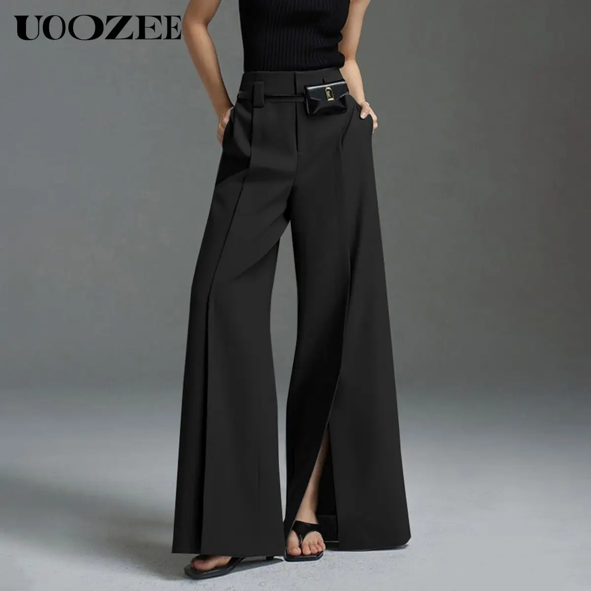 UOOZEE Women's Mid-Waisted Pleated Flowy Wideleg Pants - Loose Fitting Pants, Split-Front Trousers with Detailing, Belt-Free Casual Bottoms for Hand Wash