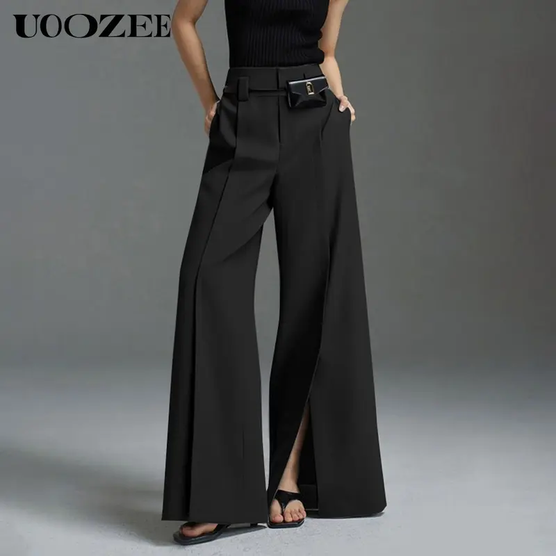 UOOZEE Women's Mid-Waisted Pleated Flowy Wideleg Pants - Loose Fitting Pants, Split-Front Trousers with Detailing, Belt-Free Casual Bottoms for Hand Wash