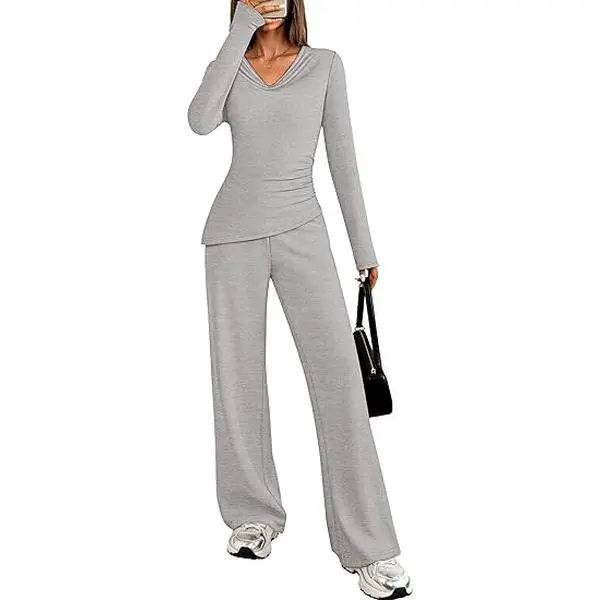 ZESICA Womens Cowl V Neck Lounge Sets Fall Long Sleeve Asymmetrical Top Wide Leg Pants 2 Piece Matching Set 2026 Outfit