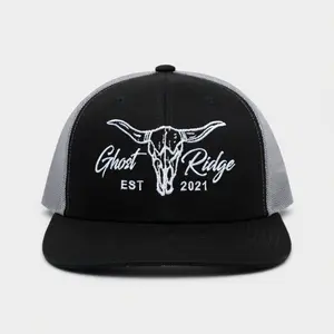 Richardson 112 Black 7 Panel Bull Trucker Hat – Adjustable Snapback Mesh Baseball Cap for Men & Women, High Crown Flat Bill Western Rodeo Streetwear Hat