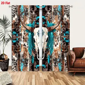 2D Flat Bohemian Southwestern Bull Skull Feather Pattern Curtain 2-Piece Set, Turquoise Brown Leopard Zebra Print Window Drapes, Tribal Artistic Decorative Curtains for Living Room Bedroom, Home Decoration Curtain