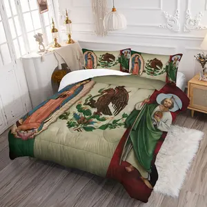 2/3PCS Our Lady of Guadalupe & Mexican Flag Comforter Set, Saint Jude Quilt, Soft Microfiber Bedding Set with Pillowcase, Religious Patriotic Print Bed Set for Mexican Heritage, Bedroom & Dorm Decor