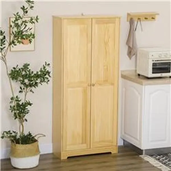 212 Main 838-368V00LR 67 in. HomCom Pine Wood Kitchen Pantry Storage Cabinet, Light Brown