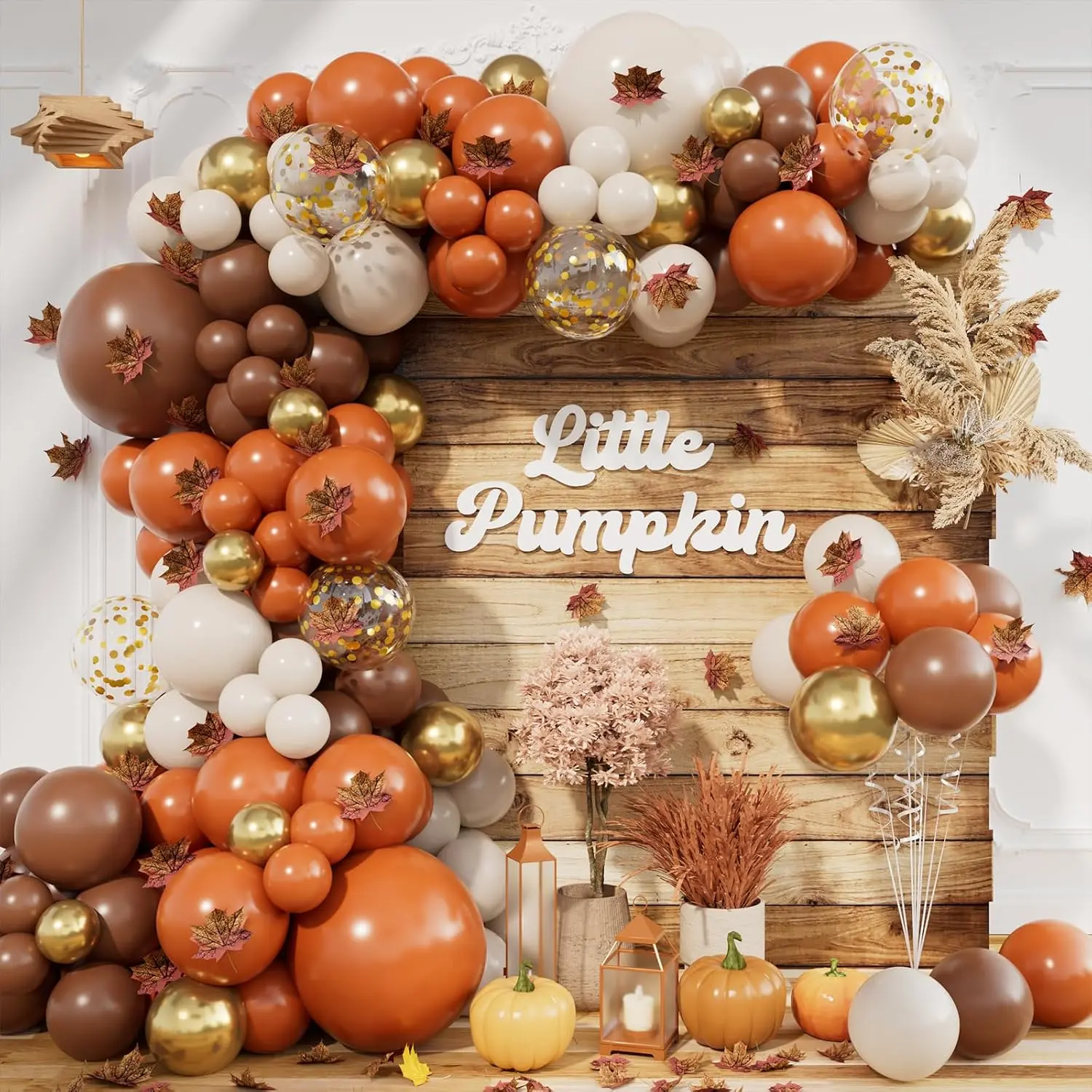 215Pcs Fall Balloon Arch Kit with Burnt Orange Coffee Brown Sand White Balloons Maple Leaves for Fall Thanksgiving Autumn Harvest Birthday Party Decorations LSYBBDECOO