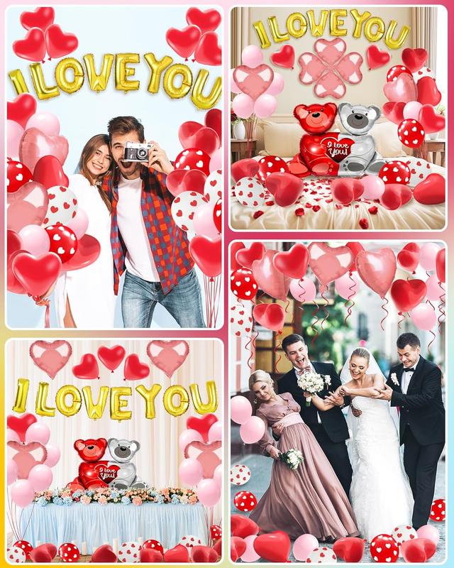 54PCS Valentine’s Day Heart Balloons Set with “I Love You” Foil Balloons, 1000 Silk Rose Petals & Hanging Decor for Wedding, Anniversary & Romantic Night Decorations