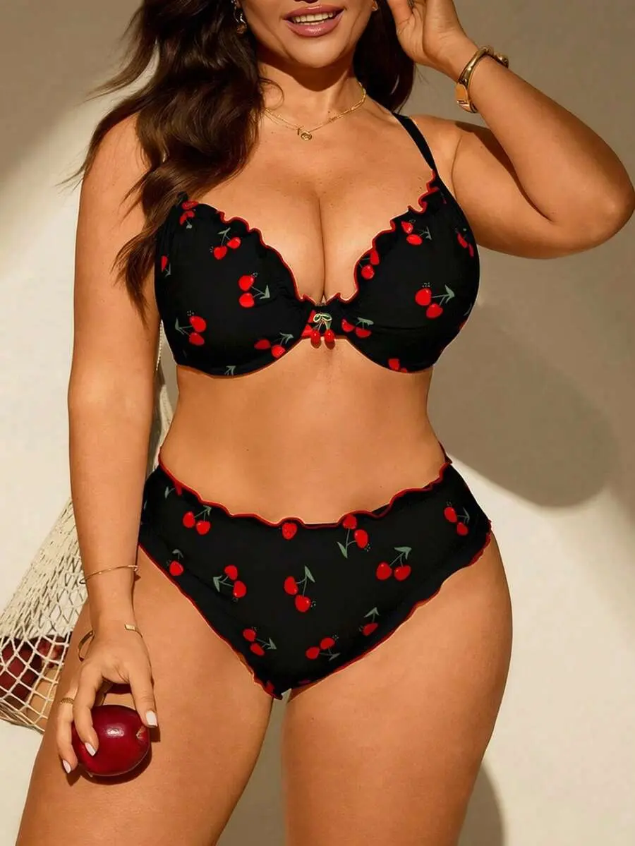 BAE Plus Size Women 2pcs Random Print Padded Tankini Swimwear Set