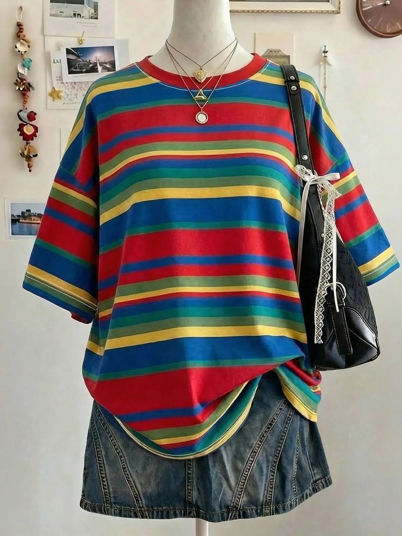 TikTok Viral Women's Rainbow Striped T-Shirt, Casual Oversized Baggy Short Sleeve Tee, Loose Fit Crew Neck Top, Y2K Retro Aesthetic Vibe, Soft Breathable Fabric, Summer Daily Streetwear Outfit