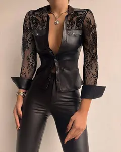 Contrast lace pu leather button down shirt - $29.48