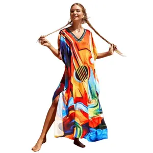 Plus Size Mumu Dresses for Women - Boho Batwing Sleeve Caftan with Side Slits, Long Moo Moo Nightgown & Beach Cover Up - Color Guitar