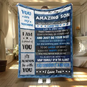 Letter Print Soft Blanket, 1 Count Letter To Son Casual Soft Warm Nap Throw Blanket, Air-conditioned Room Blanket for Home Office Travel Dormitory Camping, Slogan Print Blanket