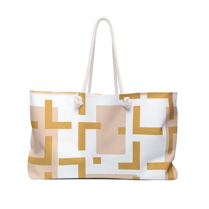 Modern Muse Collection Geometric Gold Weekender Bag Durable Spun Polyester Cream Cotton Rope Handles T-bottom Structure USA Assembled
