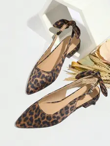 Vintage Retro Women's Pointed Toe Low Heel Slip-On Shoes, Leopard Print Bow Design, Comfortable Outdoor Footwear for Spring & Fall
