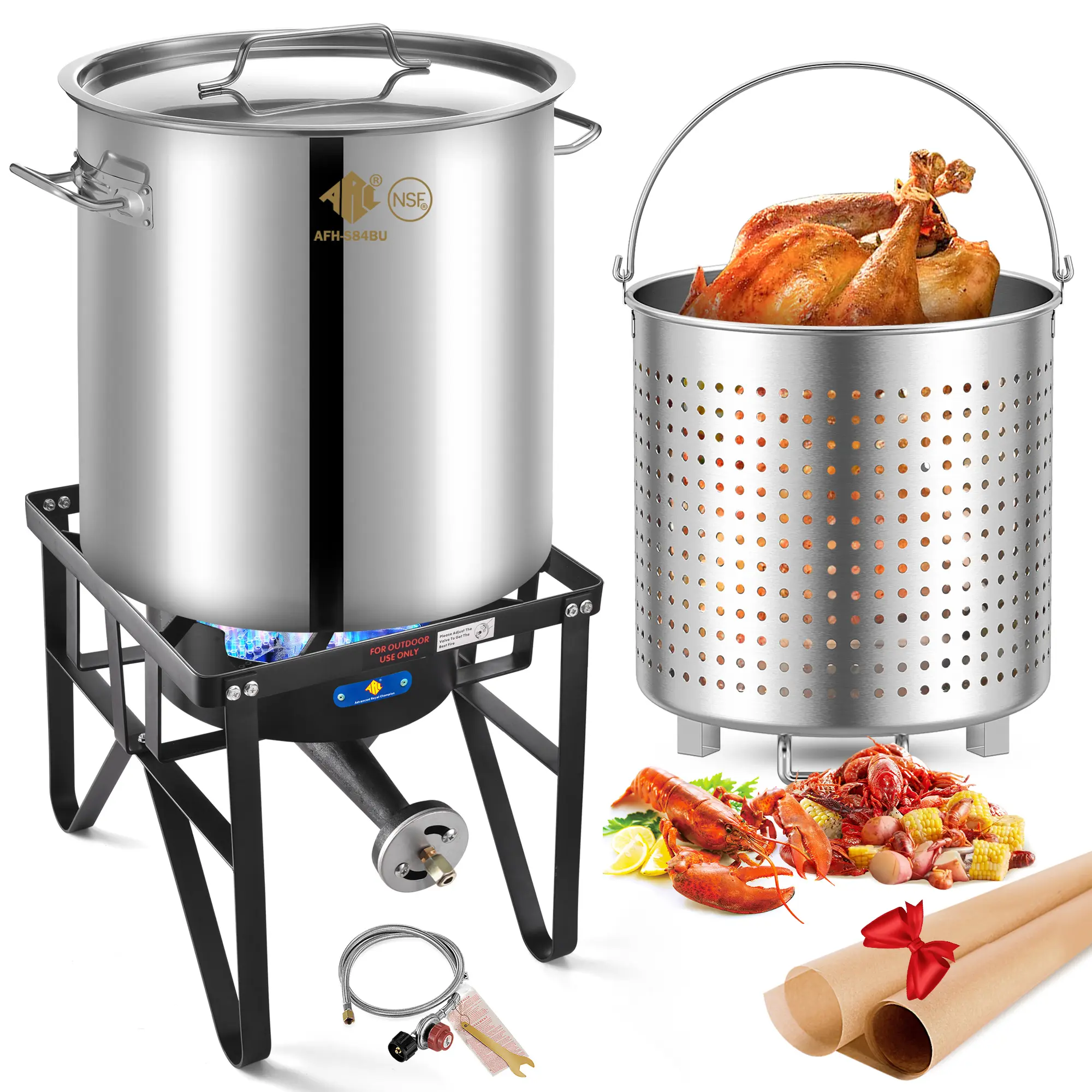 ARC ADVANCED ROYAL CHAMPION 84QT Heavy-Duty Seafood Boil Pot Kit, Stainless Steel Pot with Basket & 200,000 BTU Square Cast Iron Burner, Outdoor Cookware for Turkey Frying and Crawfish Boiling