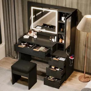Eyisean 43.5'' Fluted Makeup Vanity with Mirror and Lights, Vanity Desk with 5 Drawers and Adjustable Shelves, Black Wood Make Up Vanity Dressing Table with Glass Top and Power Outlet for Bedroom