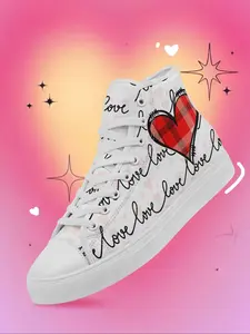 Women's Fashionable Heart Print Lace Up Canvas Sneakers, Casual Comfortable Round Toe High Top Shoes for Daily Wear, Female All-match Shoes for Daily Wear