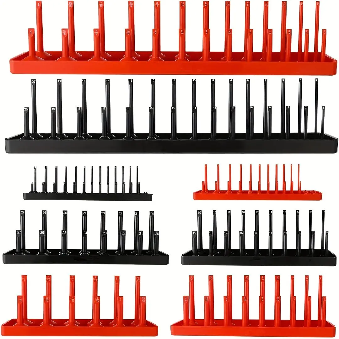 8PCS Heavy-Duty ABS Plastic Socket Organizer Trays - 226-Capacity SAE/Metric Mix for 1/4"-3/8"-1/2" Drive Shallow/Deep Sockets, Dual Rail Slots, Hook Mount, Garage Organization for Tool Drawers