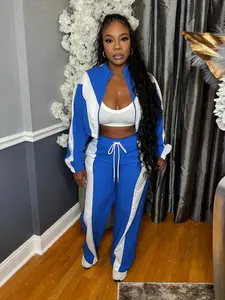 Women's Fashion Two-Piece Set, Colorblock Zipper Fitted Cardigan Jacket & Wide Leg Drawstring Pants, Casual Patchwork, Spring & Fall