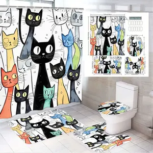 1/4pcs Cheerful Cat-Themed Bathroom Set, Colorful Cartoon Cats Shower Curtain Sets, Large & Small Matching Bath Mats, Toilet Lid Cover - Perfect for Spring, Easter, Daily Cute Home Decor, Vibrant & Playful for Pet Lovers