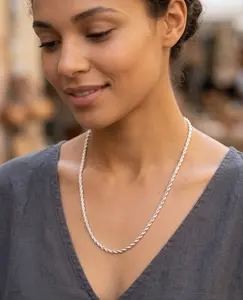 Classic Silver Rope Chain Necklace - 20 in High-Polish Glossy Twist Design with Metal Coating, Lead-Free, Nickel-Free for Layered Looks