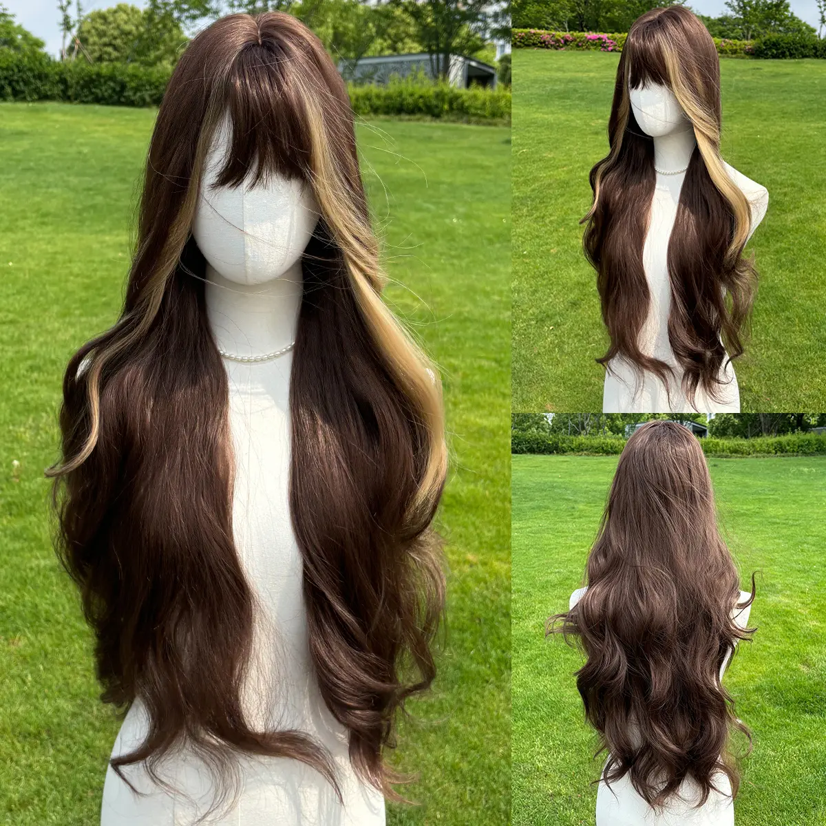 SMILCO/32Inch Highlight Brown With Blonde Long Curly With Bangs Synthetic Wig/SM451