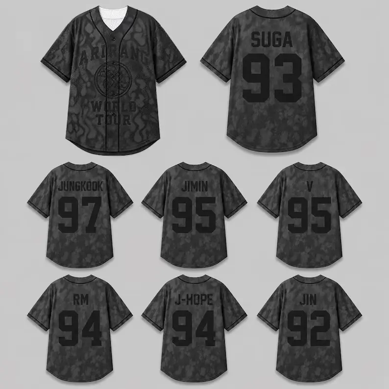 7 K-Pop World Tour Baseball Jersey Designs, Custom Member Name & Number Print, Vintage Red Tie-Dye Button-Up Shirt, Unisex Concert Outfit, ARMY Fan Gift