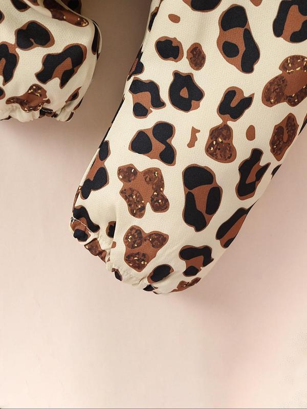 Three-piece Set Girl's Plain Ruffle Trim Bodysuit & Leopard Print Elastic Waist Pants & Hair Band Set, Casual Long Sleeve Round Neck Bodysuit & Trousers & Hair Band for Daily Wear, Kids Clothing for All Seasons, Girl Clothes, Essentials Set