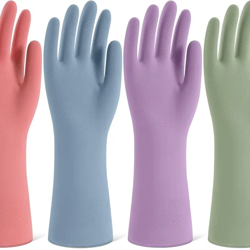 Rubber Cleaning Gloves for Dishwashing, 4 Pairs Reusable Kitchen Gloves for Washing Dishes and Household Cleaning, Colorful Dish Gloves with Flocked Lining and Non-Slip Grip, Pefect for Woman Men - M