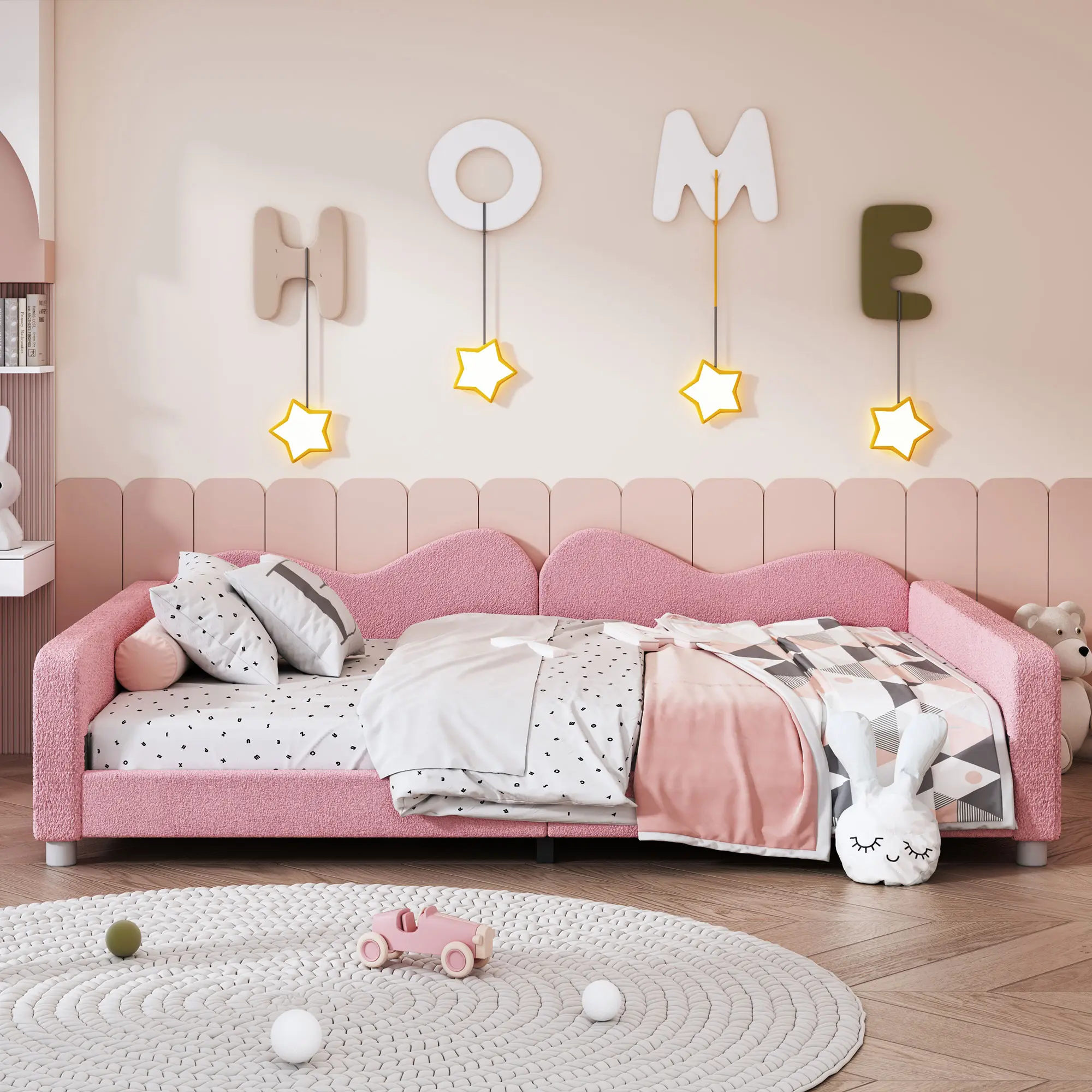 Upholstered Full-Size Daybed with Cloud-Shaped Backrest Headboard, Sherpa Fabric Sofa Bed for Bedroom, Living Room