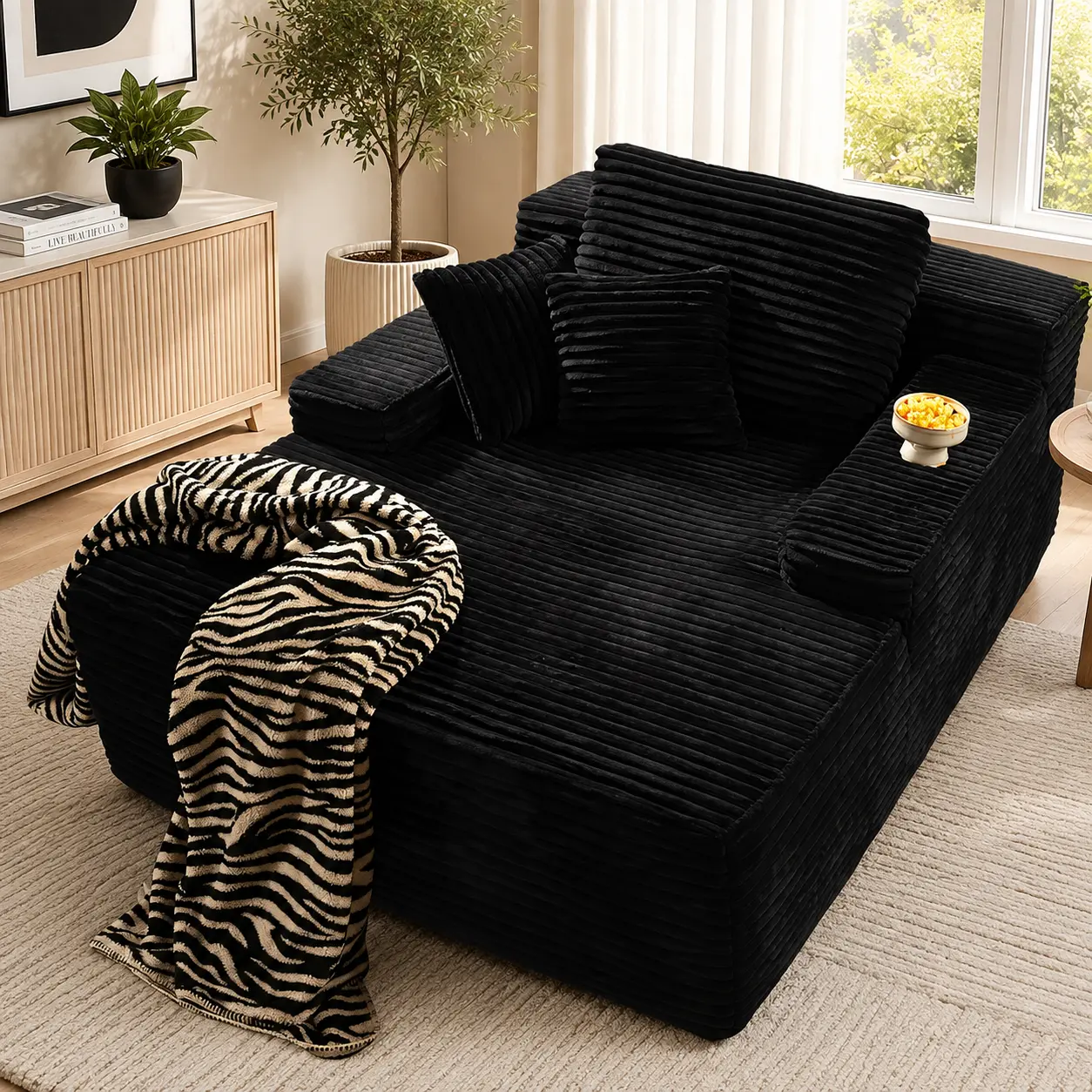 HARBORA 67 in Oversized Corduroy Chaise Lounge Chair, Boneless Sofa Bed with 3 Pillows, Deep Seat and Wide Armrests, No Assembly Required