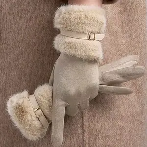 Women's Autumn-Winter Warm Korean-Style Plush Suede Full Finger Gloves - Touch Screen, Windproof, Soft for Outdoor Sports, Softball