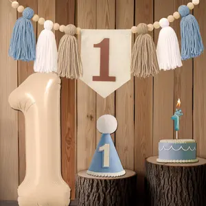 1st Birthday Decorations for First Boys With Highchair Banner, Blue Cone Hat, 40‘’ Number 1 Balloon and 1 Birthday Candle Photo Backdrop (Khaki and Blue)