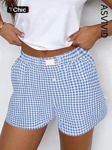 Women's Casual Gingham Printed Shorts, Fitted Mid Waist Elastic Waist, Short Pants for Daily Wear, Comfortable and Stylish