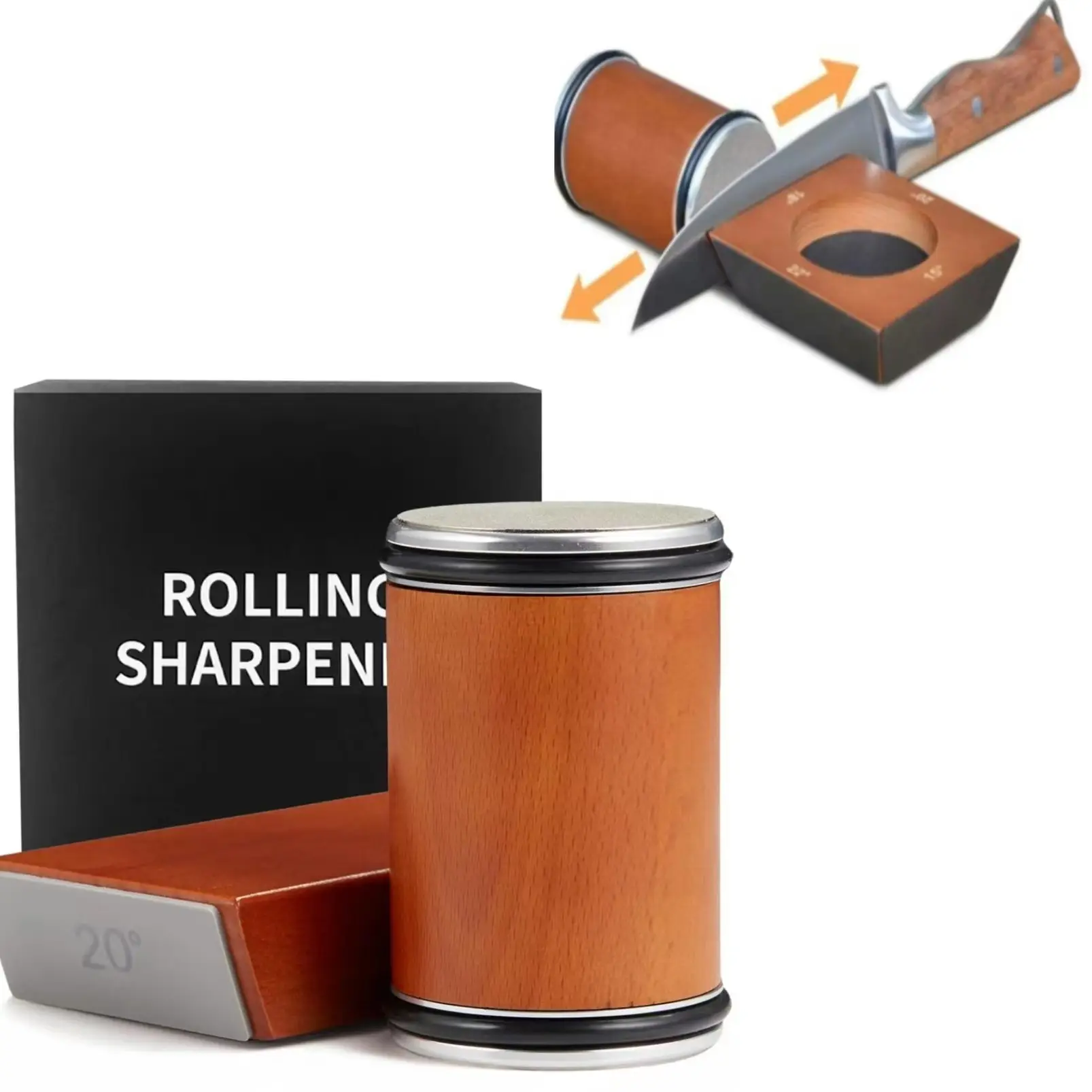 Rolling knife sharpener set with diamond and ceramic discs, 15°20°, different angles for sharp edges, suitable for any hardness of steel, wooden grips