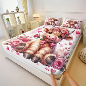 3-Piece Q-Version Highland Cow Fitted Sheet Set, Floral Countryside Style Bedding Set, Decorative Bedsheet Sets, Ideal for Bedroom and Room Decoration, Durable and Soft Microfiber Bedding, Including 2 Pillowcases
