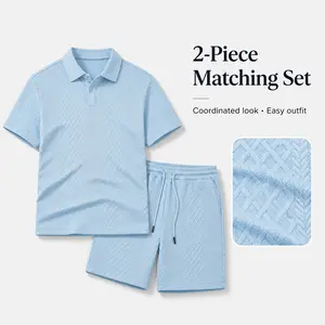 Men's 2-Piece Textured Short-Sleeve Polo & Shorts Casual Menswear Set, Summer Beige Plain Tropical Outfit Clothes